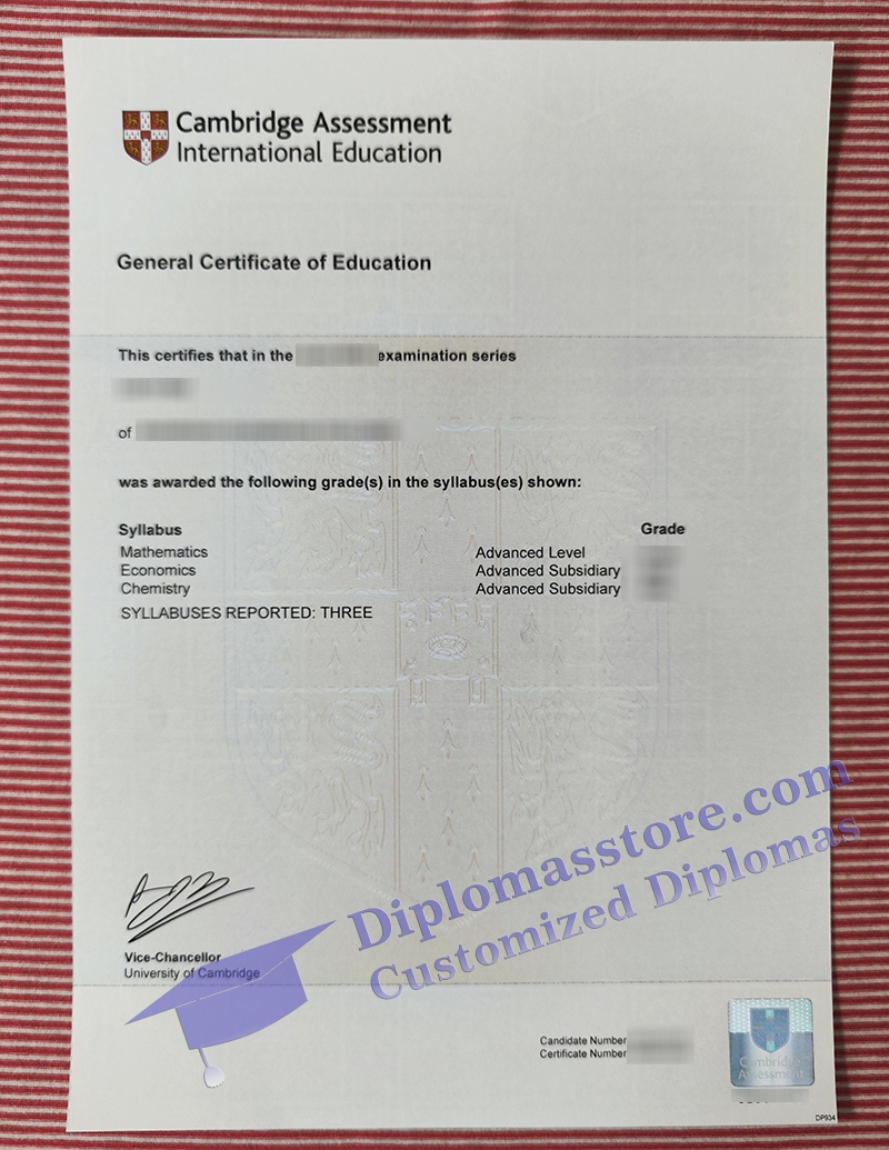 Cambridge GCE certificate, Cambridge A Level certificate,