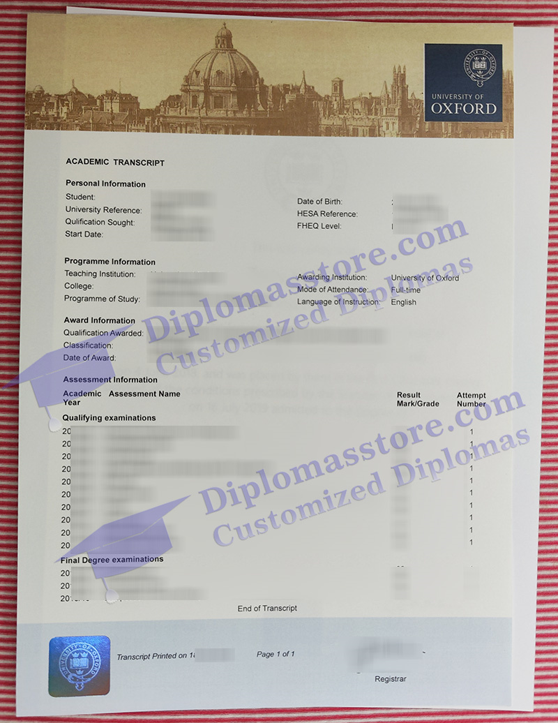 University of Oxford transcript, University of Oxford certificate,